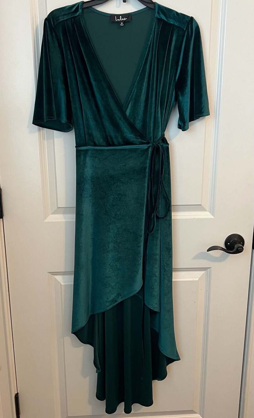Lulus Amour Teal Green Velvet High-Low Wrap Dress, Size M